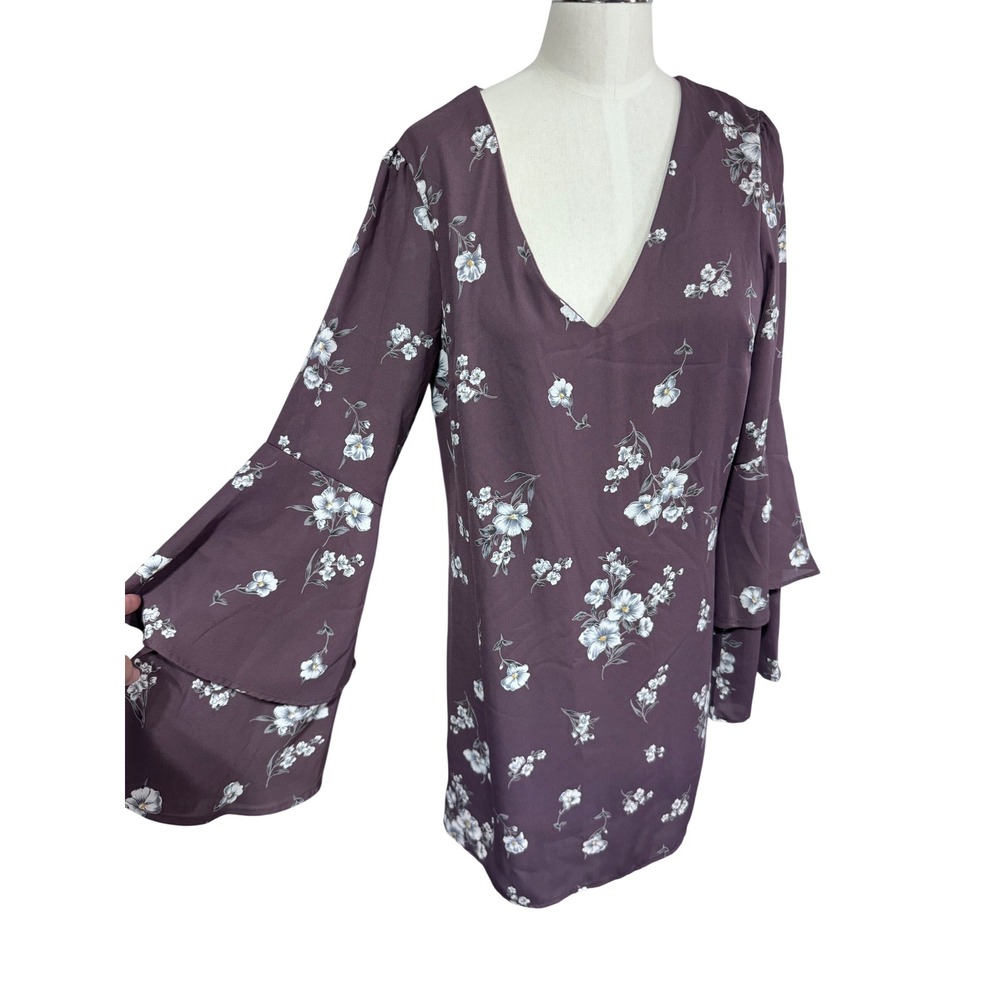 Emory Park Medium Purple Floral‎ Chiffon Mini Dress Women's Bell Sleeve Boho